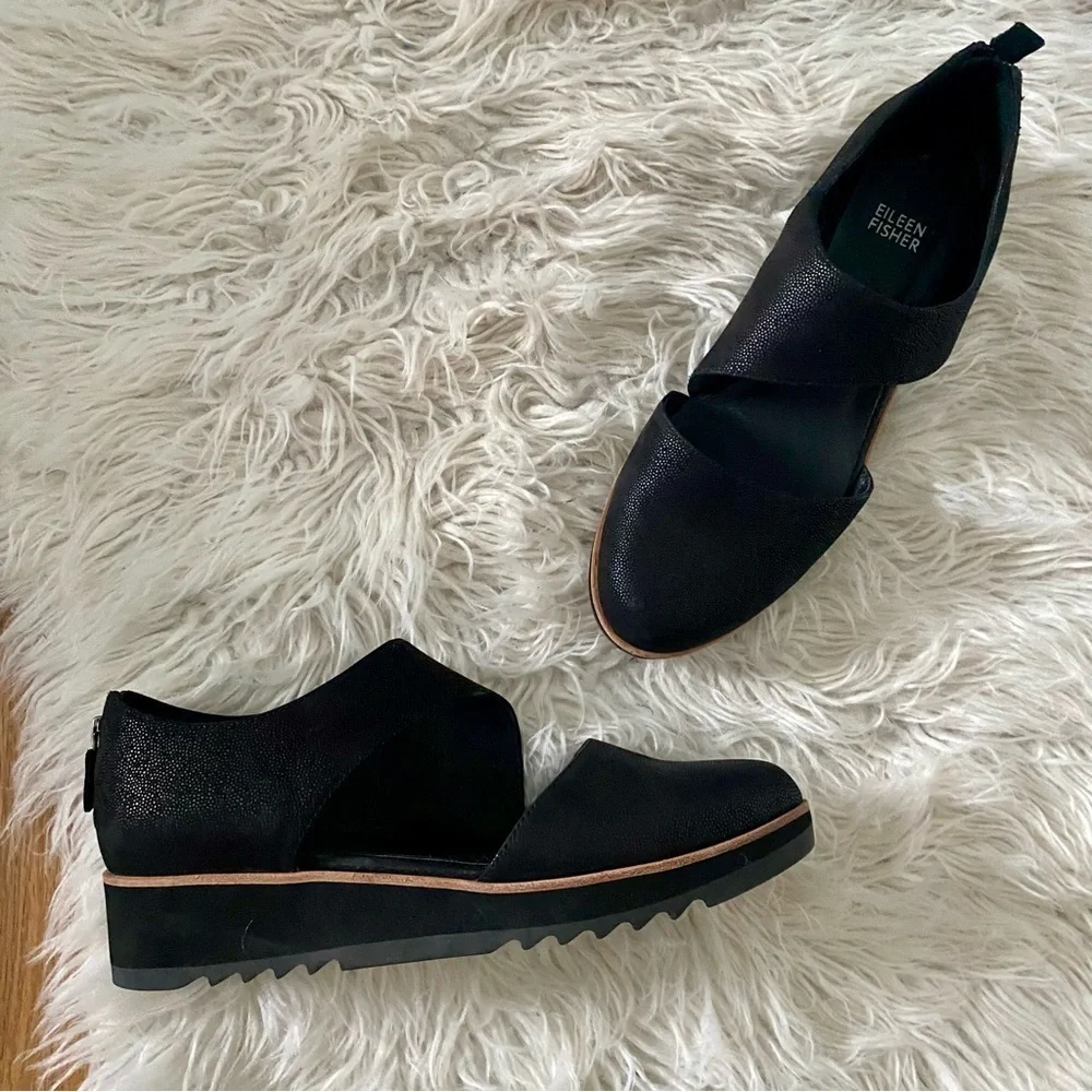 Eileen Fisher Match Suede Zip Demi-wedge Sandals Black Size 9.5 Leather